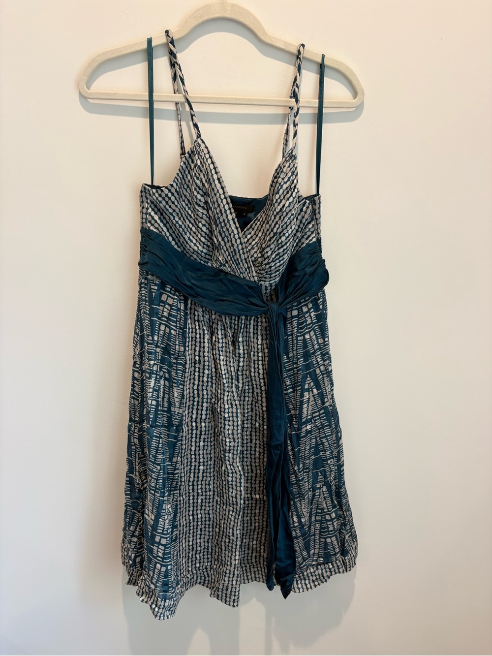 BCBGMaxAzria Teal and White Patterned Tie-Waist Spaghetti Strap Dress